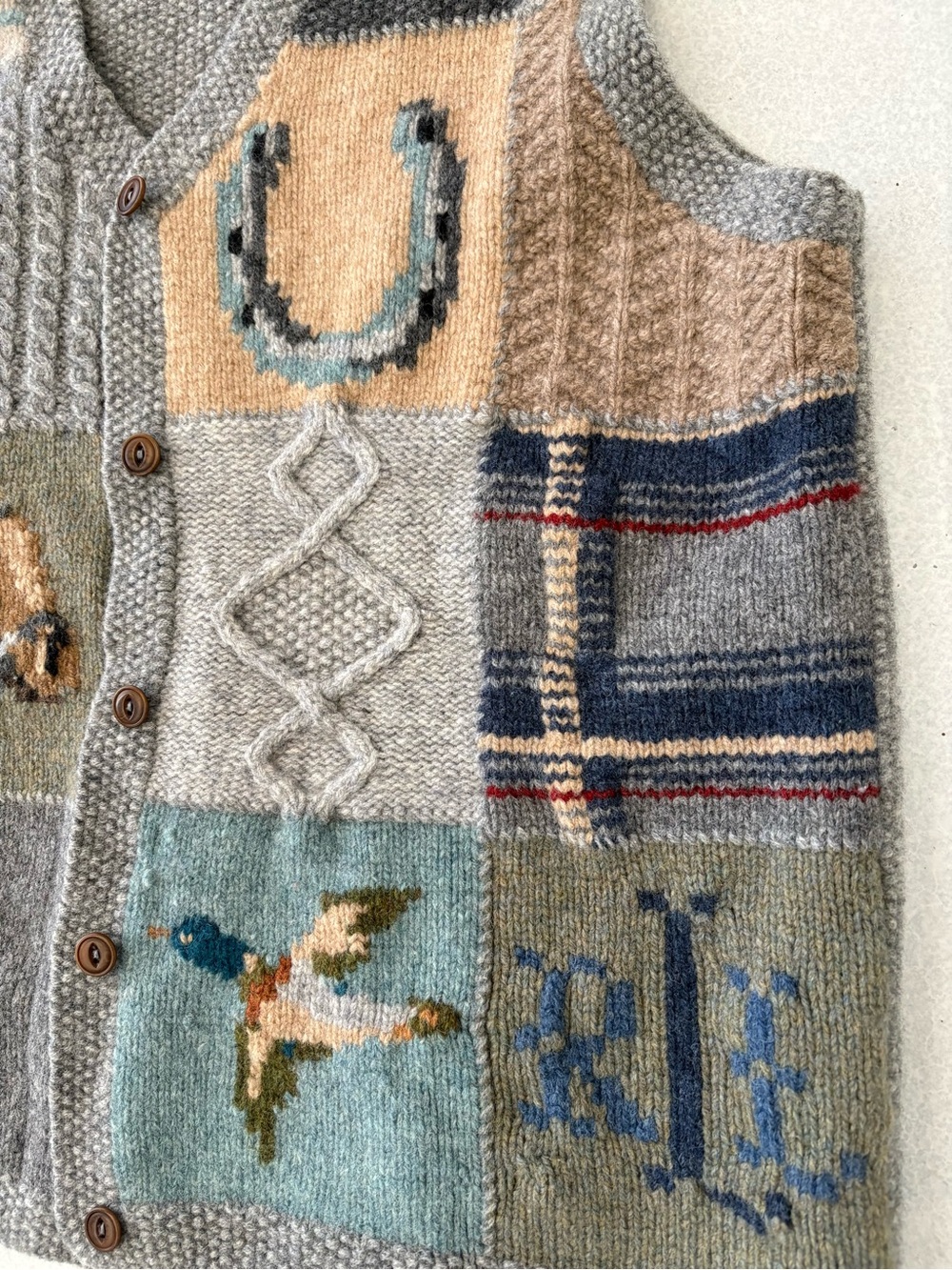 RARE Vintage Lauren Ralph Lauren Hand Knit Patchwork Equestrian Wool Vest - Picture 5 of 10